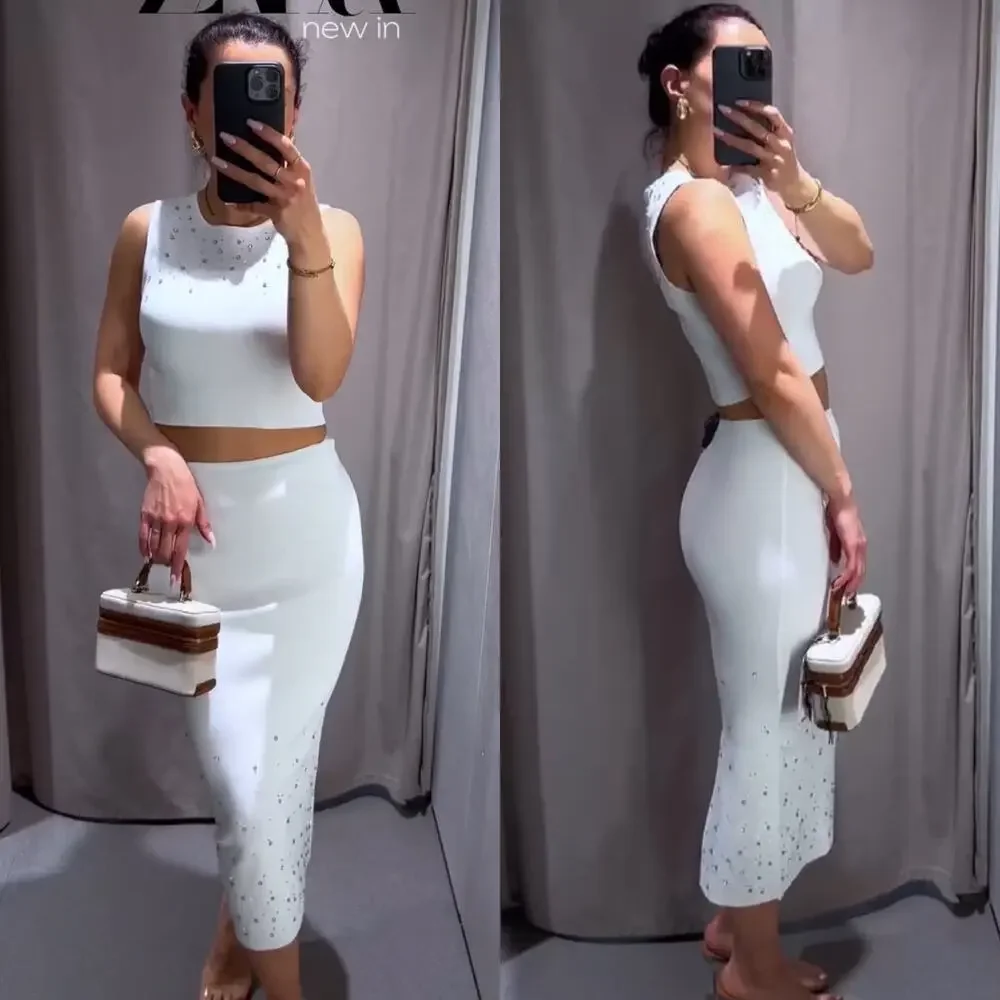 ZARA BEADED KNIT MIDI SKIRT